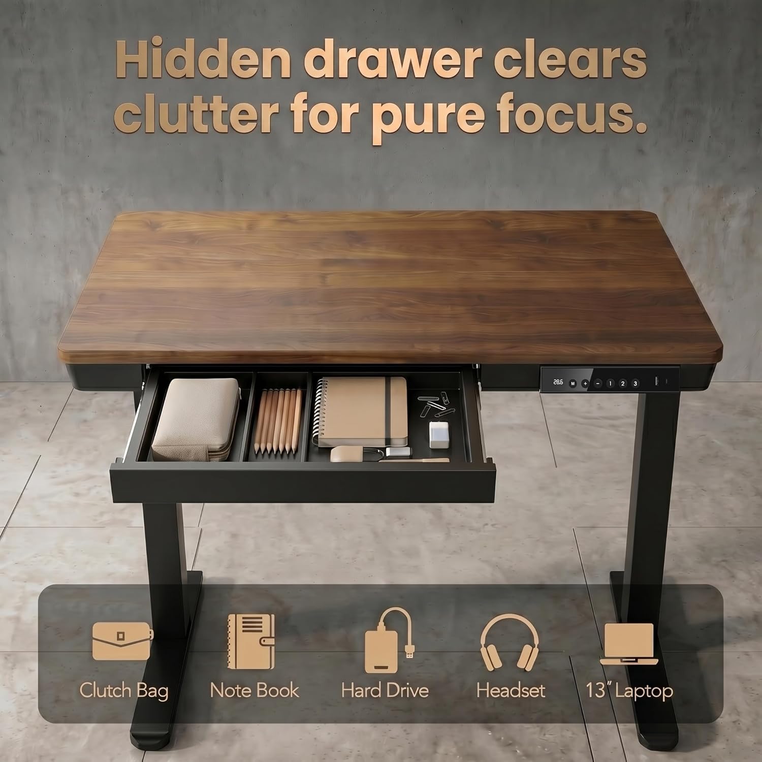 HUANUO 35 X 20 Inch Standing Desk with Drawers, Electric Adjustable Height Desk, Quick Install One - Piece Tabletop with USB Charging Ports, Sit to Stand Up Desk for Home Office, Black Walnut - 