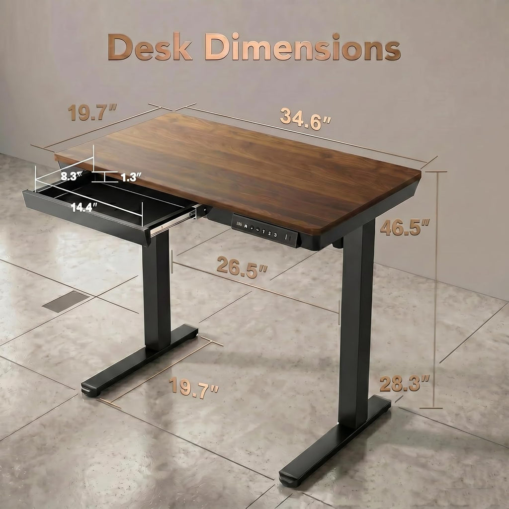 HUANUO 35 X 20 Inch Standing Desk with Drawers, Electric Adjustable Height Desk, Quick Install One - Piece Tabletop with USB Charging Ports, Sit to Stand Up Desk for Home Office, Black Walnut - 
