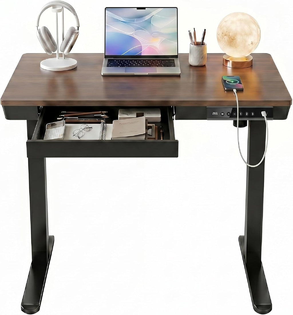 HUANUO 35 X 20 Inch Standing Desk with Drawers, Electric Adjustable Height Desk, Quick Install One - Piece Tabletop with USB Charging Ports, Sit to Stand Up Desk for Home Office, Black Walnut - 