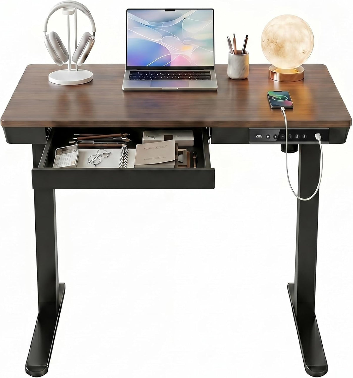 HUANUO 35 X 20 Inch Standing Desk with Drawers, Electric Adjustable Height Desk, Quick Install One - Piece Tabletop with USB Charging Ports, Sit to Stand Up Desk for Home Office, Black Walnut - 