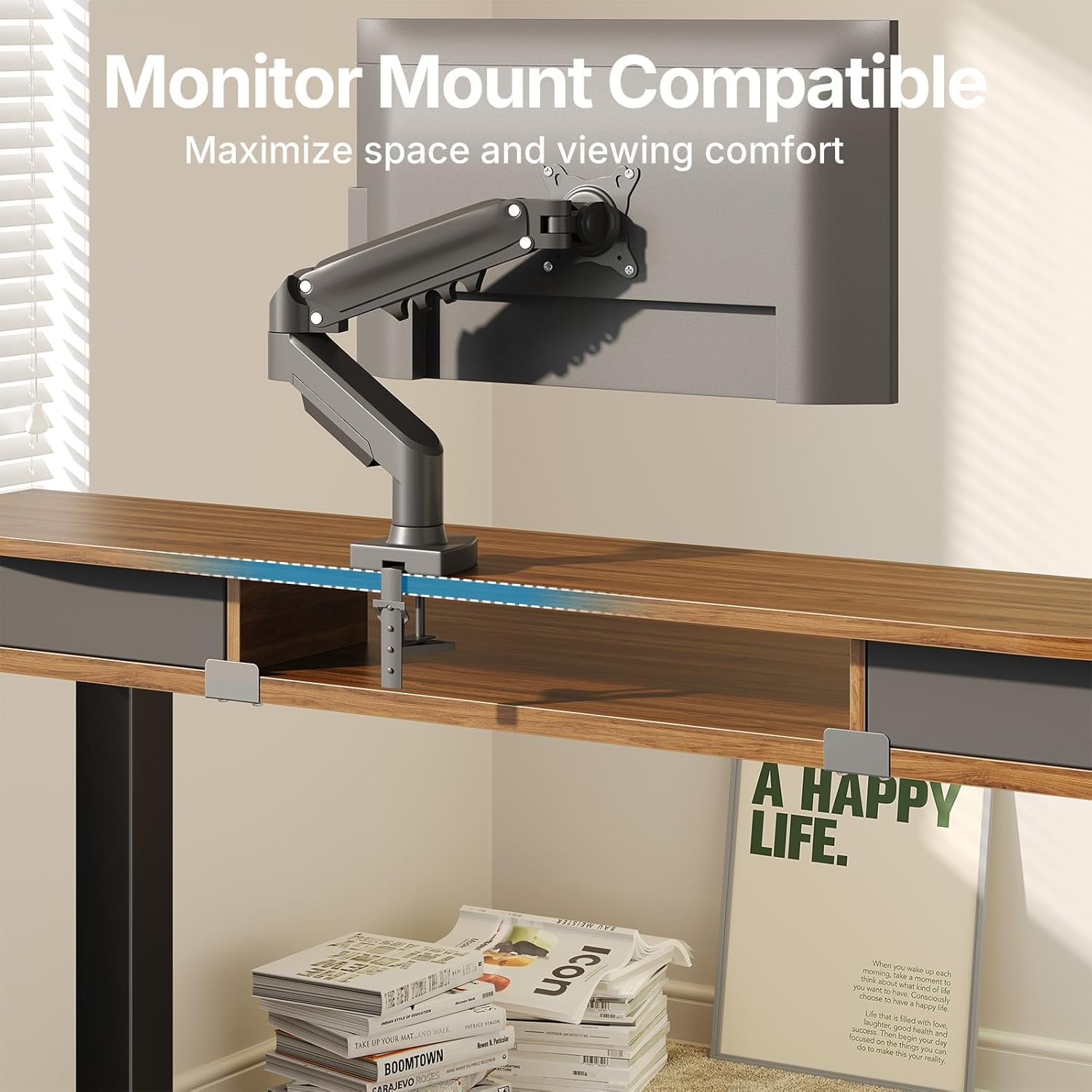 HUANUO 40 x 24 inch Small Electric Standing Desk with 2 Drawers, C-Clamp Mount Compatible, Height Adjustable Sit Stand Desk, Home Office Stand Up Desk with 4 Memory Height Settings, Walnut - White