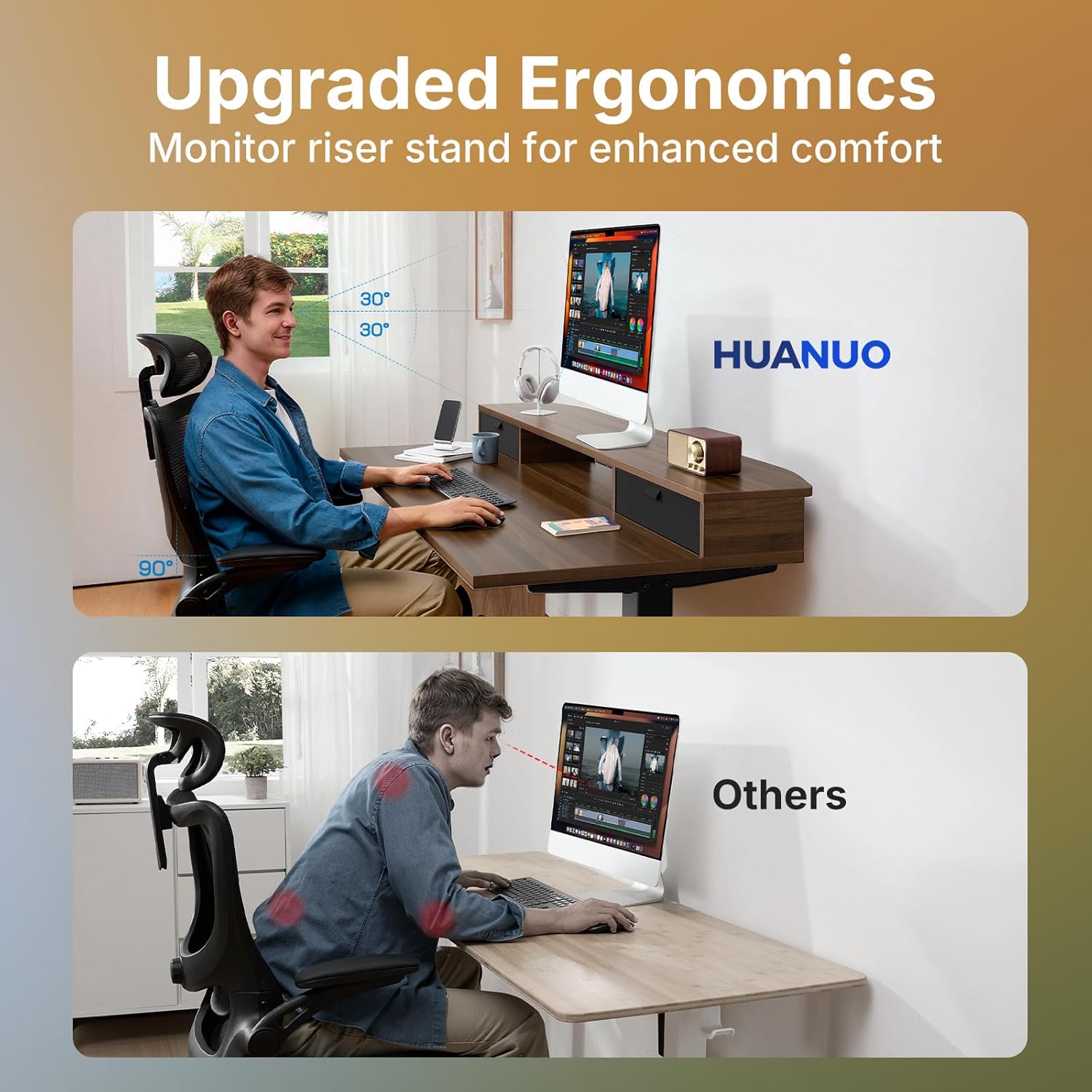 HUANUO 40 x 24 inch Small Electric Standing Desk with 2 Drawers, C-Clamp Mount Compatible, Height Adjustable Sit Stand Desk, Home Office Stand Up Desk with 4 Memory Height Settings, Walnut - White