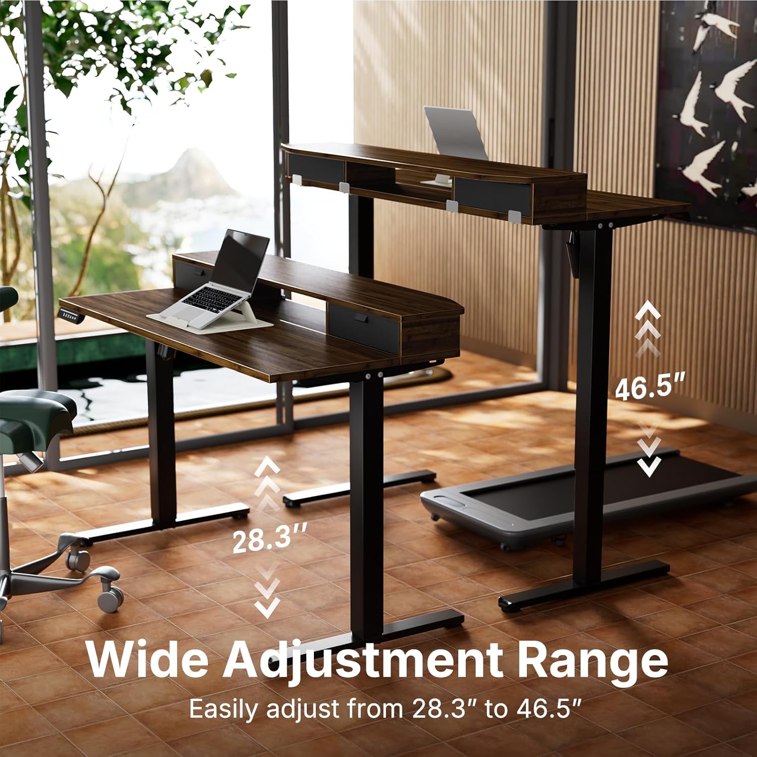 HUANUO 40 x 24 inch Small Electric Standing Desk with 2 Drawers, C-Clamp Mount Compatible, Height Adjustable Sit Stand Desk, Home Office Stand Up Desk with 4 Memory Height Settings, Walnut - White