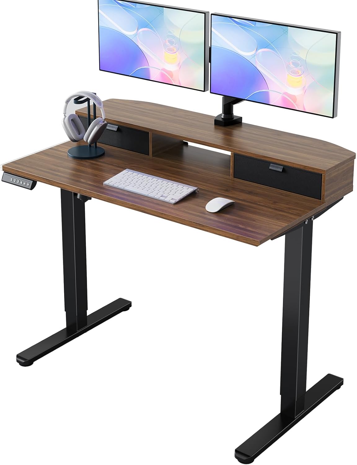 HUANUO 40 x 24 inch Small Electric Standing Desk with 2 Drawers, C-Clamp Mount Compatible, Height Adjustable Sit Stand Desk, Home Office Stand Up Desk with 4 Memory Height Settings, Walnut - White