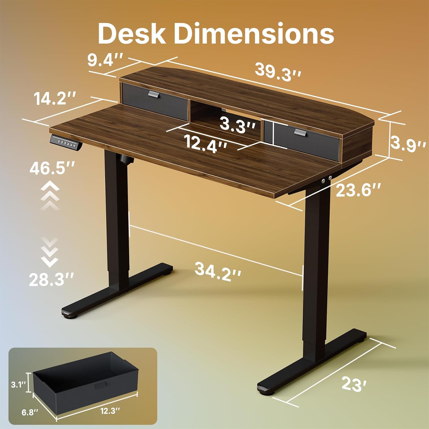 HUANUO 40 x 24 inch Small Electric Standing Desk with 2 Drawers, C-Clamp Mount Compatible, Height Adjustable Sit Stand Desk, Home Office Stand Up Desk with 4 Memory Height Settings, Walnut - White