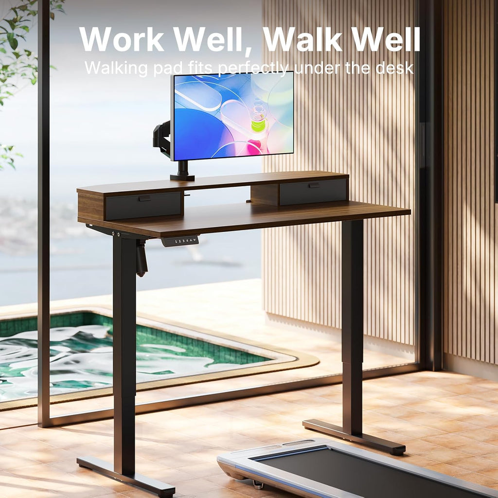 HUANUO 40 x 24 inch Small Electric Standing Desk with 2 Drawers, C-Clamp Mount Compatible, Height Adjustable Sit Stand Desk, Home Office Stand Up Desk with 4 Memory Height Settings, Walnut - White