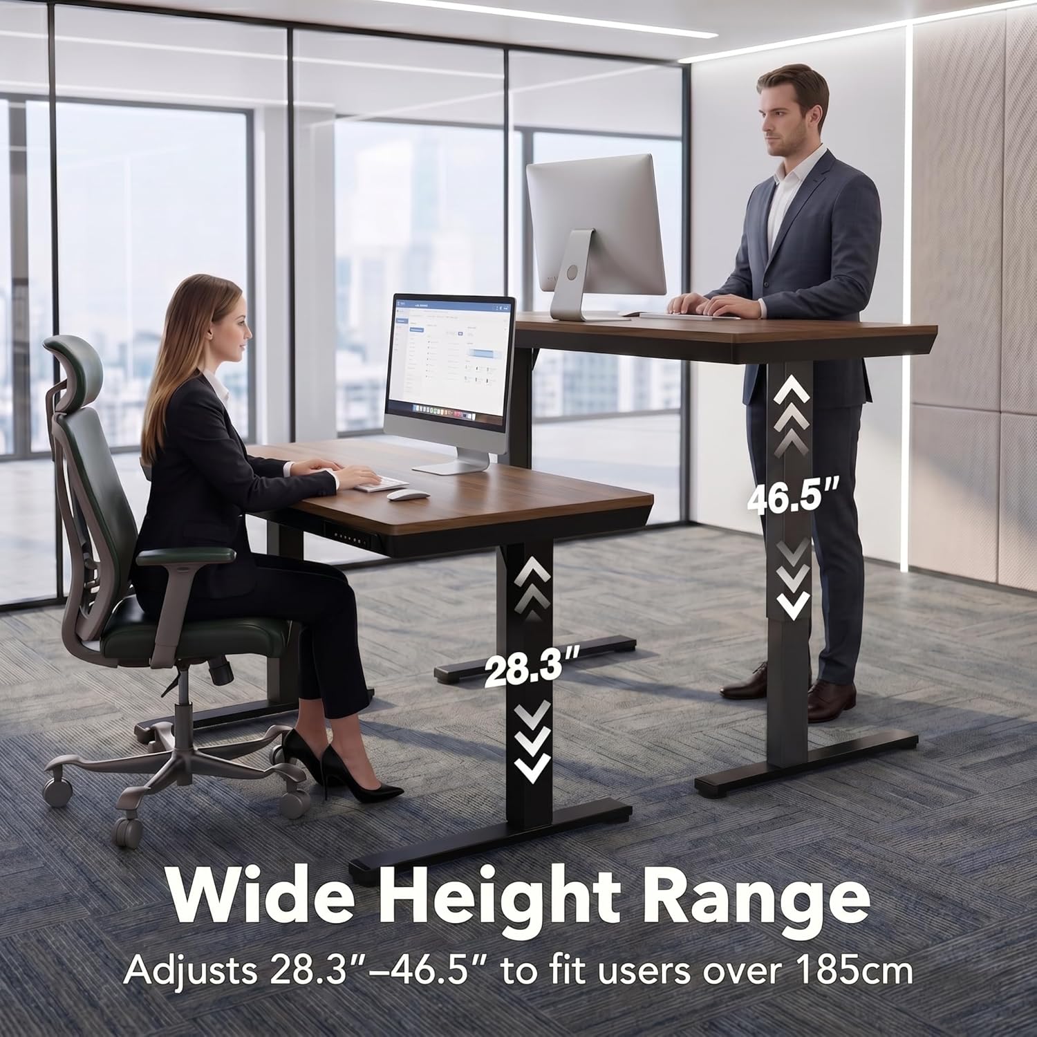 HUANUO 40 X 24 Inch Standing Desk with Drawers, Electric Adjustable Height Desk, Quick Install One - Piece Tabletop with USB Charging Ports, Sit to Stand Up Desk for Home Office, Black Walnut - 