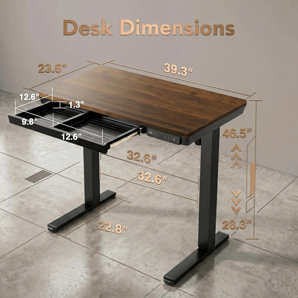 HUANUO 40 X 24 Inch Standing Desk with Drawers, Electric Adjustable Height Desk, Quick Install One - Piece Tabletop with USB Charging Ports, Sit to Stand Up Desk for Home Office, Black Walnut - 