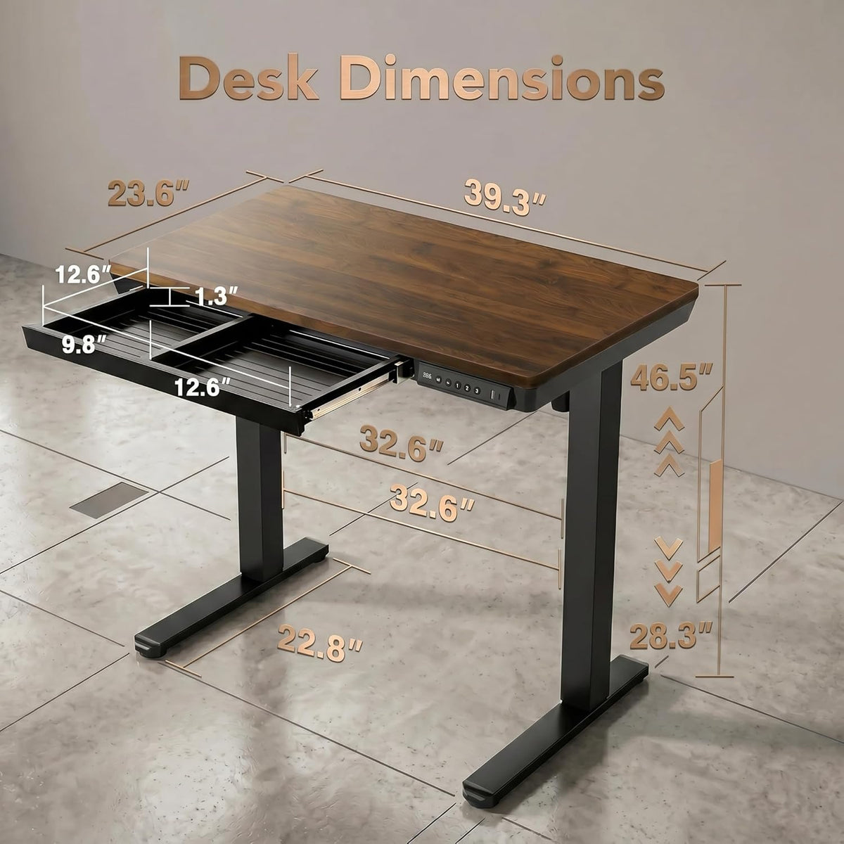 HUANUO 40 X 24 Inch Standing Desk with Drawers, Electric Adjustable Height Desk, Quick Install One - Piece Tabletop with USB Charging Ports, Sit to Stand Up Desk for Home Office, Black Walnut - 