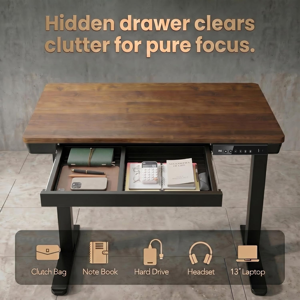 HUANUO 40 X 24 Inch Standing Desk with Drawers, Electric Adjustable Height Desk, Quick Install One - Piece Tabletop with USB Charging Ports, Sit to Stand Up Desk for Home Office, Black Walnut - 