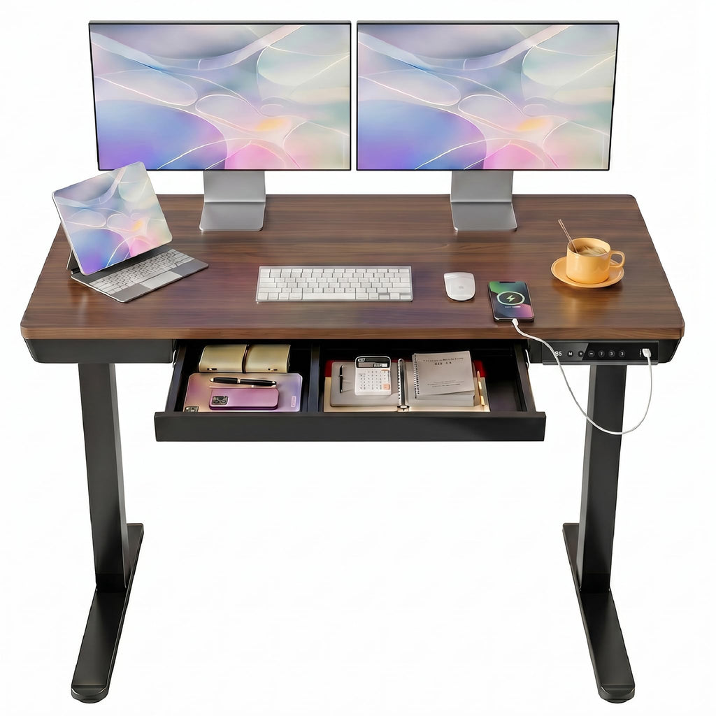 HUANUO 40 X 24 Inch Standing Desk with Drawers, Electric Adjustable Height Desk, Quick Install One - Piece Tabletop with USB Charging Ports, Sit to Stand Up Desk for Home Office, Black Walnut - 