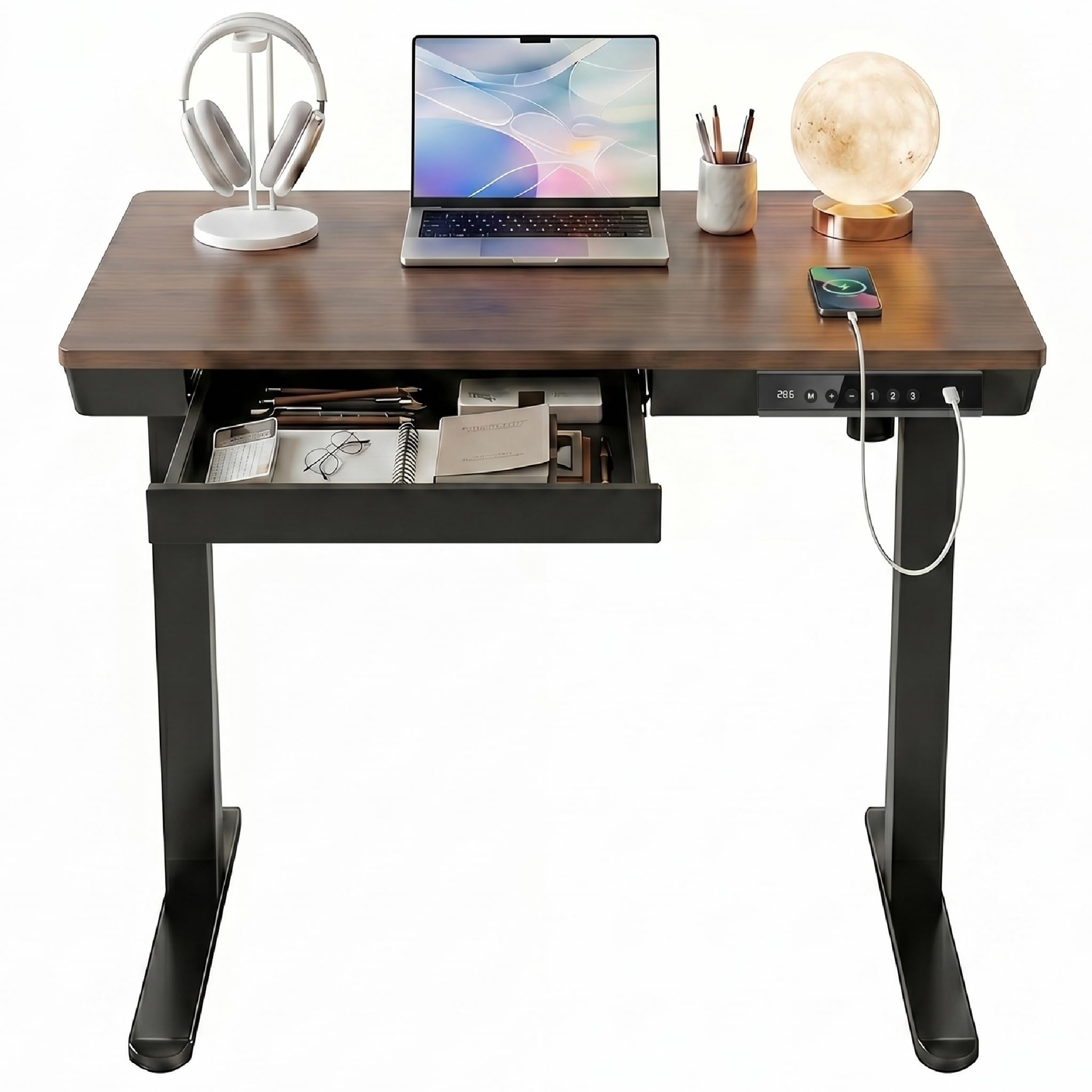 HUANUO 40 X 24 Inch Standing Desk with Drawers, Electric Adjustable Height Desk, Quick Install One - Piece Tabletop with USB Charging Ports, Sit to Stand Up Desk for Home Office, Black Walnut - 