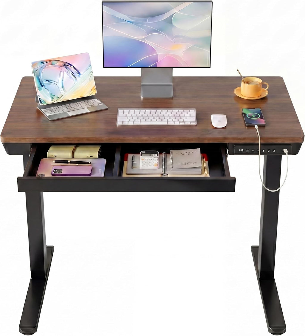 HUANUO 40 X 24 Inch Standing Desk with Drawers, Electric Adjustable Height Desk, Quick Install One - Piece Tabletop with USB Charging Ports, Sit to Stand Up Desk for Home Office, Black Walnut - 