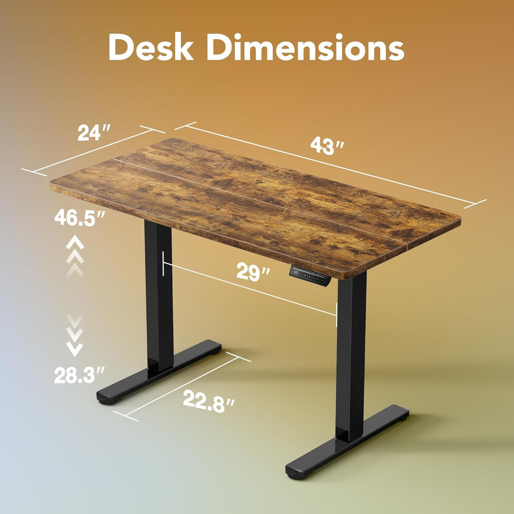 HUANUO 43 x 24 inch Electric Standing Desk Adjustable Height, 4 Memory Height Settings, Sit Stand Up Desk for Home Office & Computer Workstation, Rustic Brown -