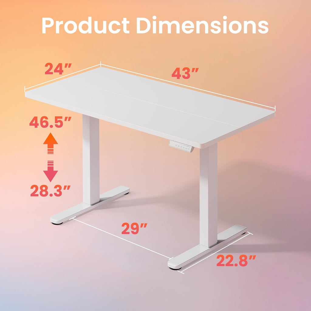 HUANUO 43 x 24 inch Electric Standing Desk Adjustable Height, 4 Memory Height Settings, Sit Stand Up Desk for Home Office & Computer Workstation, White - 