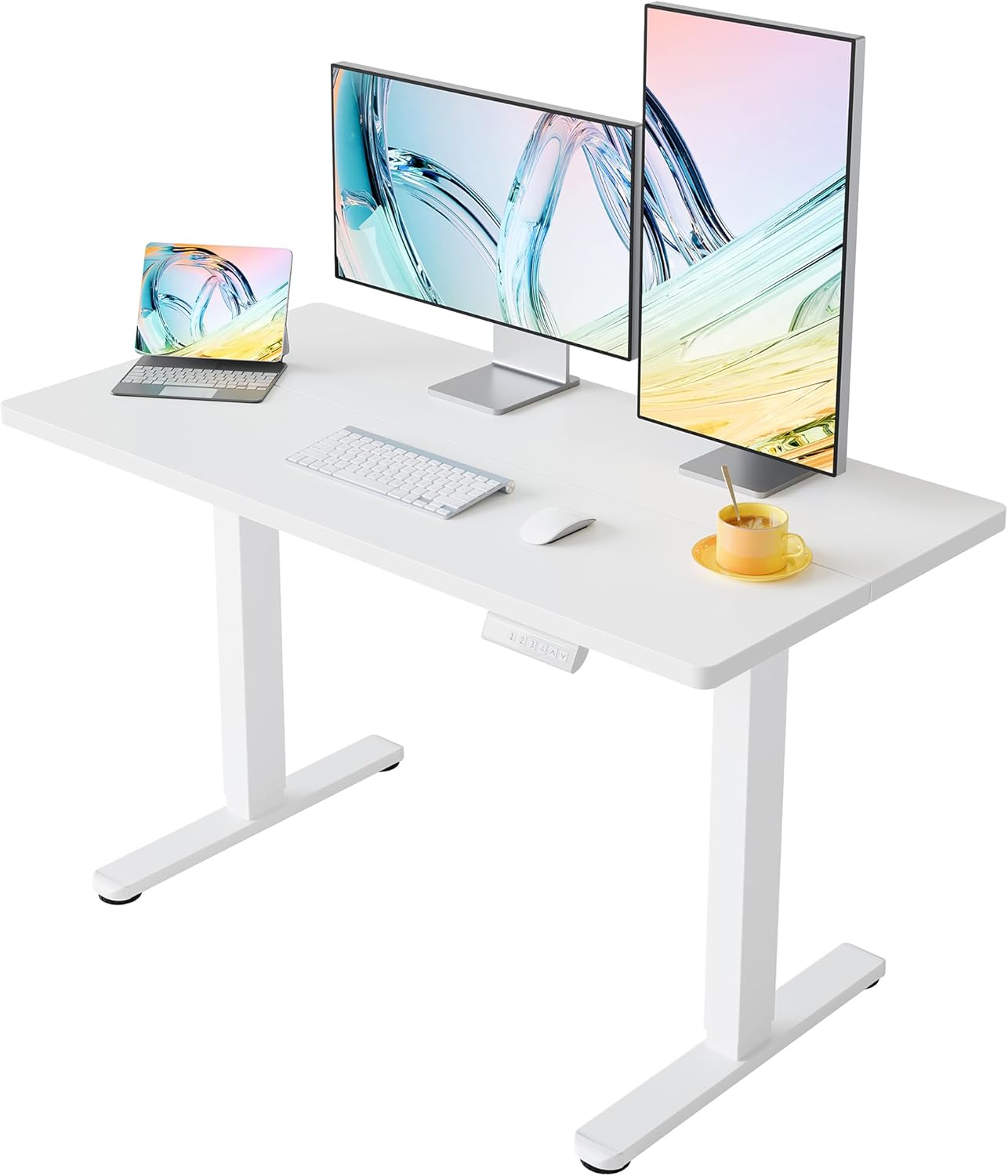 HUANUO 43 x 24 inch Electric Standing Desk Adjustable Height, 4 Memory Height Settings, Sit Stand Up Desk for Home Office & Computer Workstation, White - 