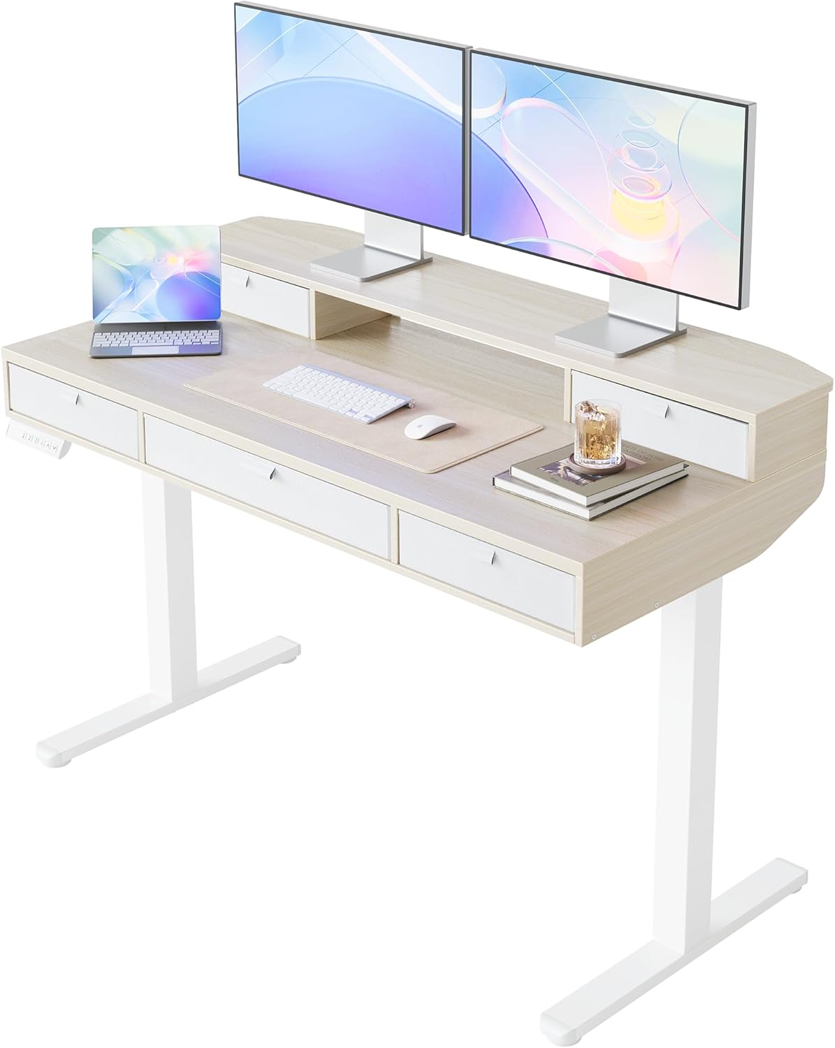 HUANUO 48 X 24 inch Electric Standing Desk with 4 Drawers, Adjustable Height Sit Stand Home Office Desk, C-Clamp Mount Compatible, Ergonomic Stand up Desk with 4 Preset Heights, Natural - 48" X 24"