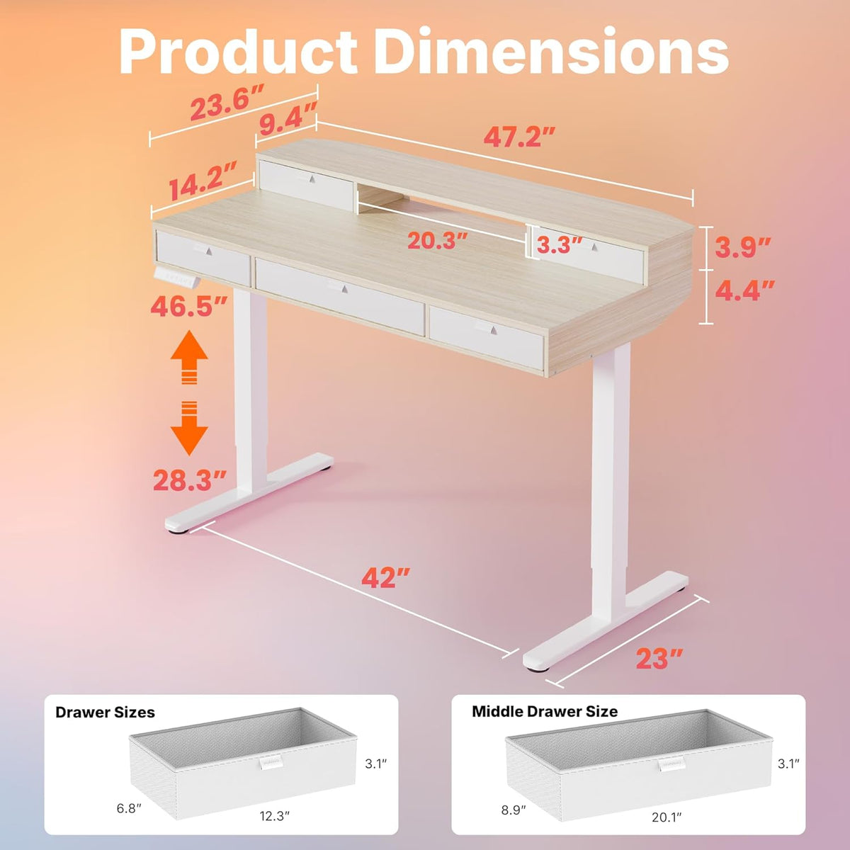HUANUO 48 X 24 inch Electric Standing Desk with 4 Drawers, Adjustable Height Sit Stand Home Office Desk, C-Clamp Mount Compatible, Ergonomic Stand up Desk with 4 Preset Heights, Natural - 48" X 24"