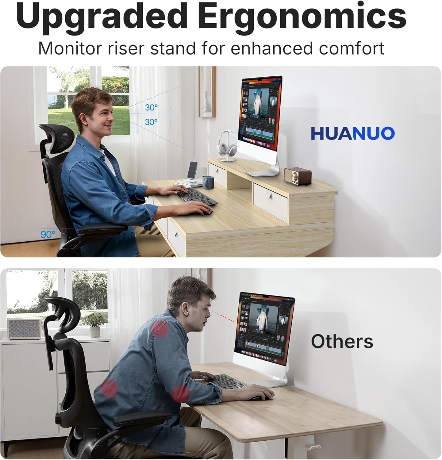 HUANUO 48 X 24 inch Electric Standing Desk with 4 Drawers, Adjustable Height Sit Stand Home Office Desk, C-Clamp Mount Compatible, Ergonomic Stand up Desk with 4 Preset Heights, Natural - 48" X 24"
