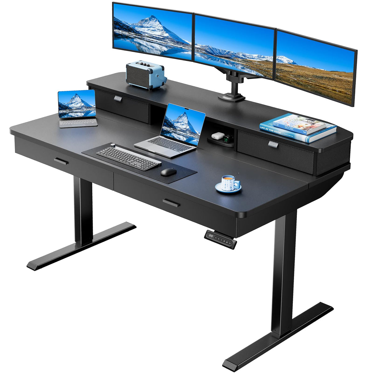 HUANUO 48 X 24 inch Electric Standing Desk with 4 Drawers, Adjustable Height Sit Stand Home Office Desk, C-Clamp Mount Compatible, Ergonomic Stand up Desk with 4 Preset Heights, Natural - 55" X 30"