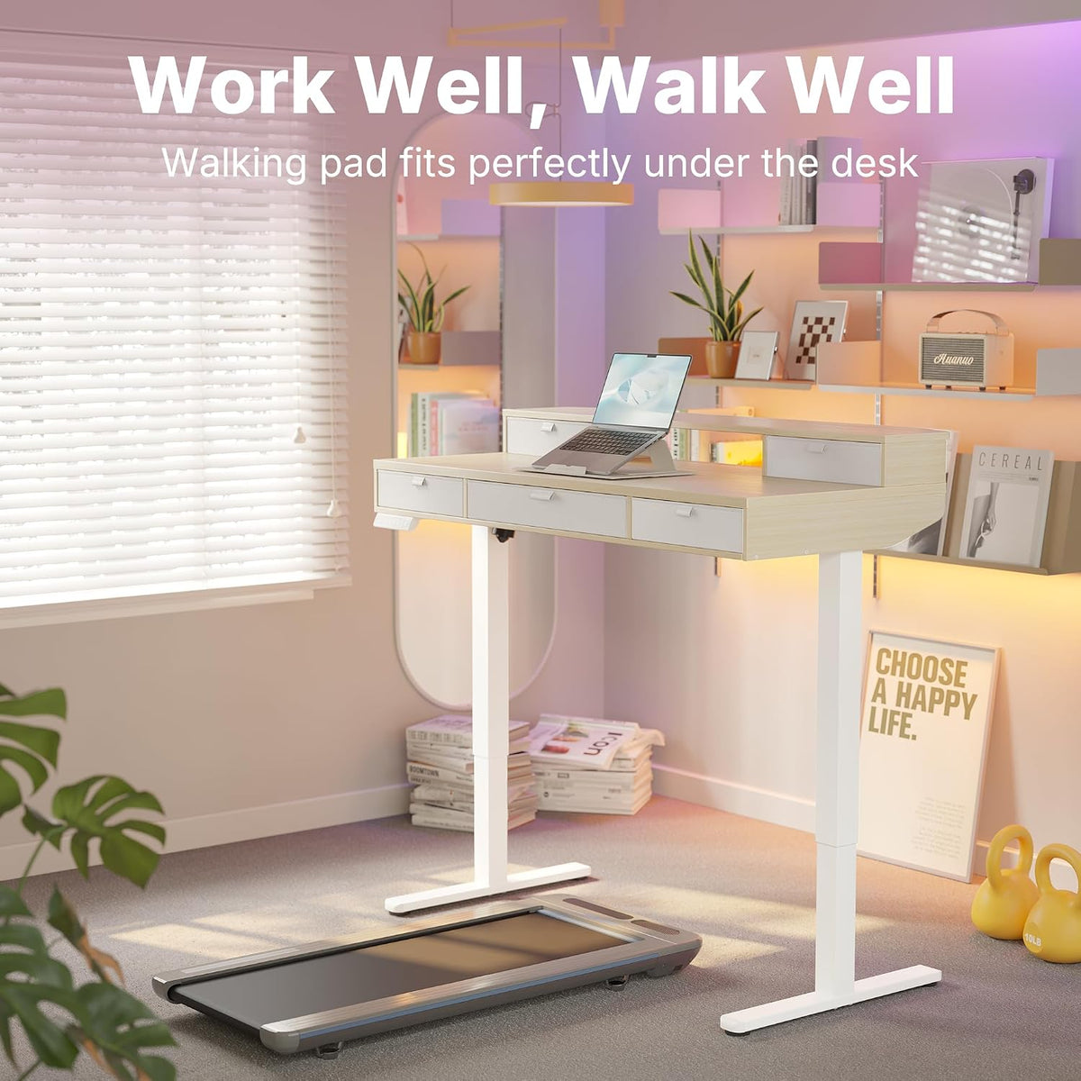 HUANUO 48 X 24 inch Electric Standing Desk with 4 Drawers, Adjustable Height Sit Stand Home Office Desk, C-Clamp Mount Compatible, Ergonomic Stand up Desk with 4 Preset Heights, Natural - 48" X 24"