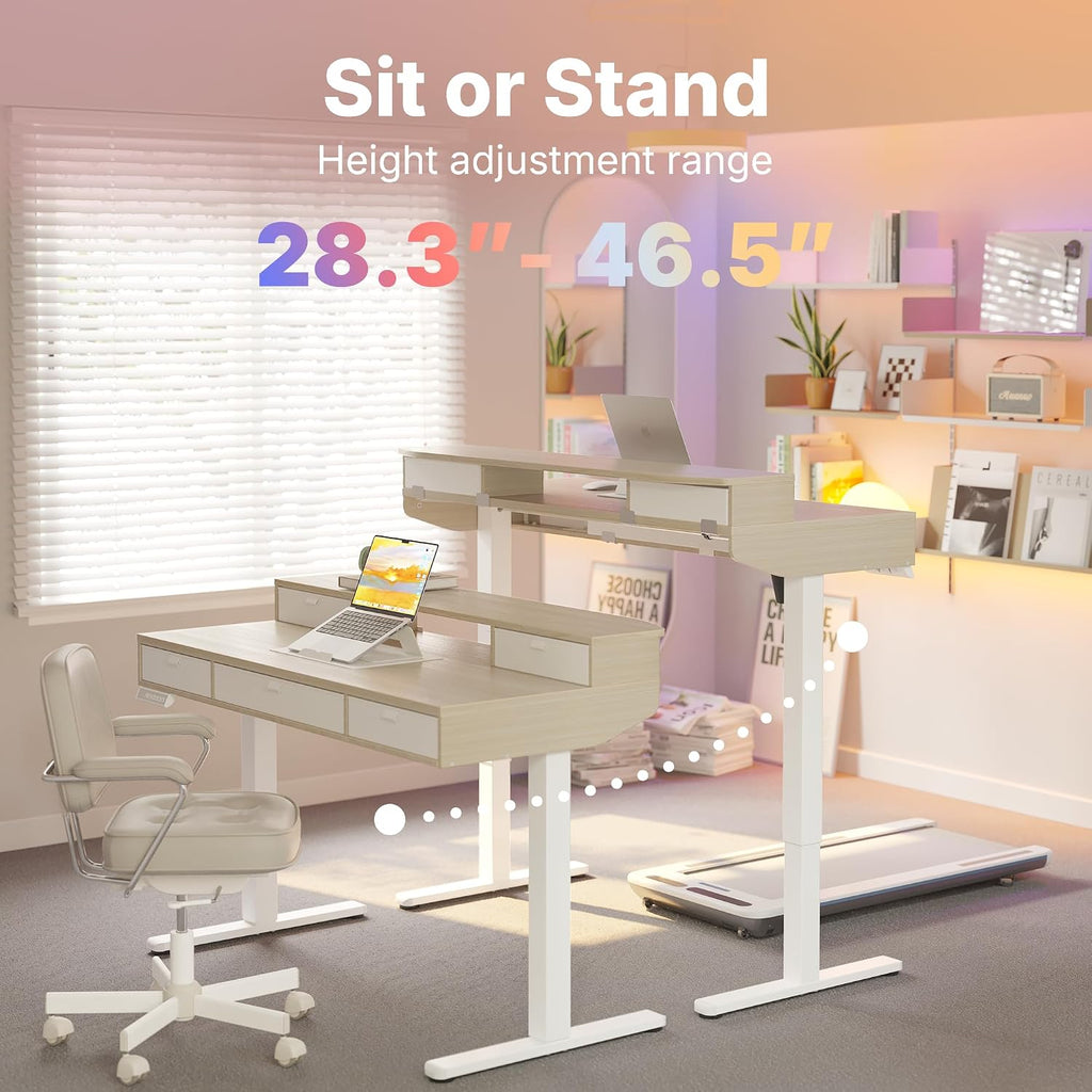HUANUO 48 X 24 inch Electric Standing Desk with 4 Drawers, Adjustable Height Sit Stand Home Office Desk, C-Clamp Mount Compatible, Ergonomic Stand up Desk with 4 Preset Heights, Natural - 48" X 24"
