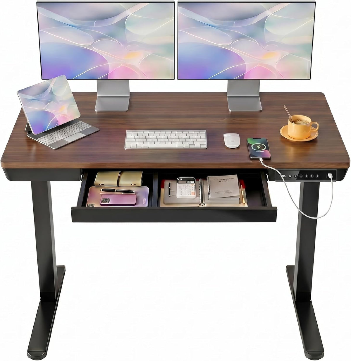 HUANUO 48 X 24 Inch Standing Desk with Drawers, Electric Adjustable Height Desk, Quick Install One - Piece Tabletop with USB Charging Ports, Sit to Stand Up Desk for Home Office, Black Walnut - 