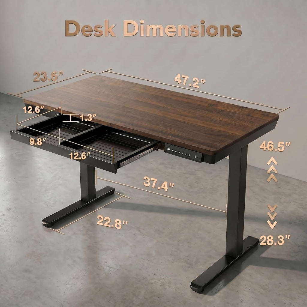 HUANUO 48 X 24 Inch Standing Desk with Drawers, Electric Adjustable Height Desk, Quick Install One - Piece Tabletop with USB Charging Ports, Sit to Stand Up Desk for Home Office, Black Walnut - 