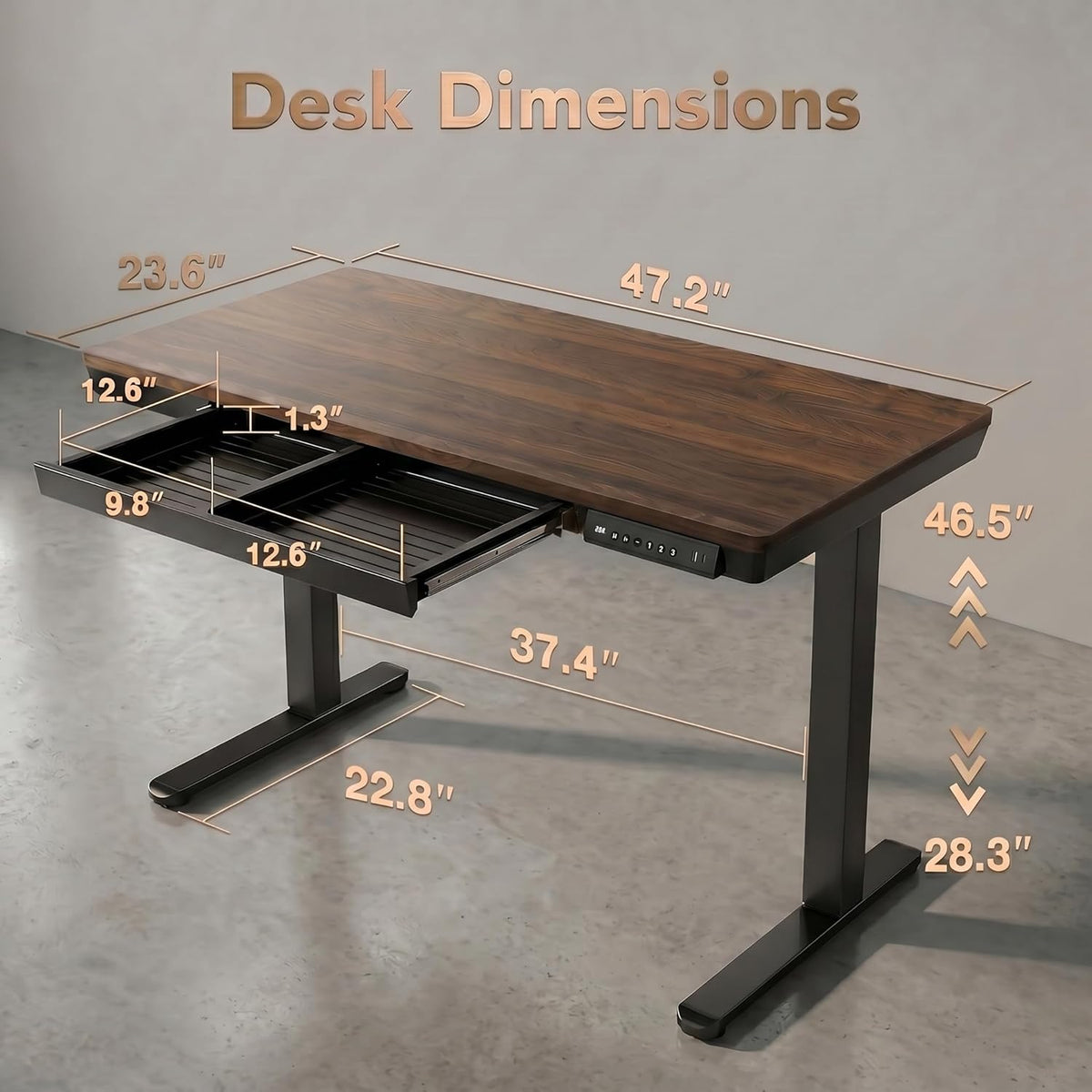 HUANUO 48 X 24 Inch Standing Desk with Drawers, Electric Adjustable Height Desk, Quick Install One - Piece Tabletop with USB Charging Ports, Sit to Stand Up Desk for Home Office, Black Walnut - 