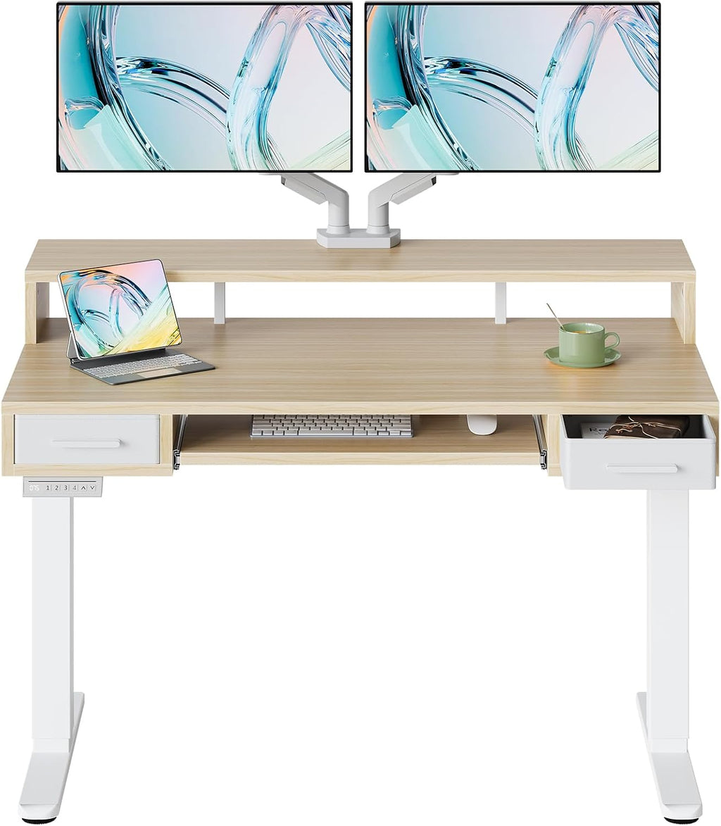 HUANUO 48″ x 26″ Electric Standing Desk with 2 Drawers &24.4″ Large Keyboard Tray, C-Clamp Mount Compatible, Adjustable Computer Desk for Office, Sit Stand Up Desk with 4 Height Presets, Light Walnut - 48*26 inch