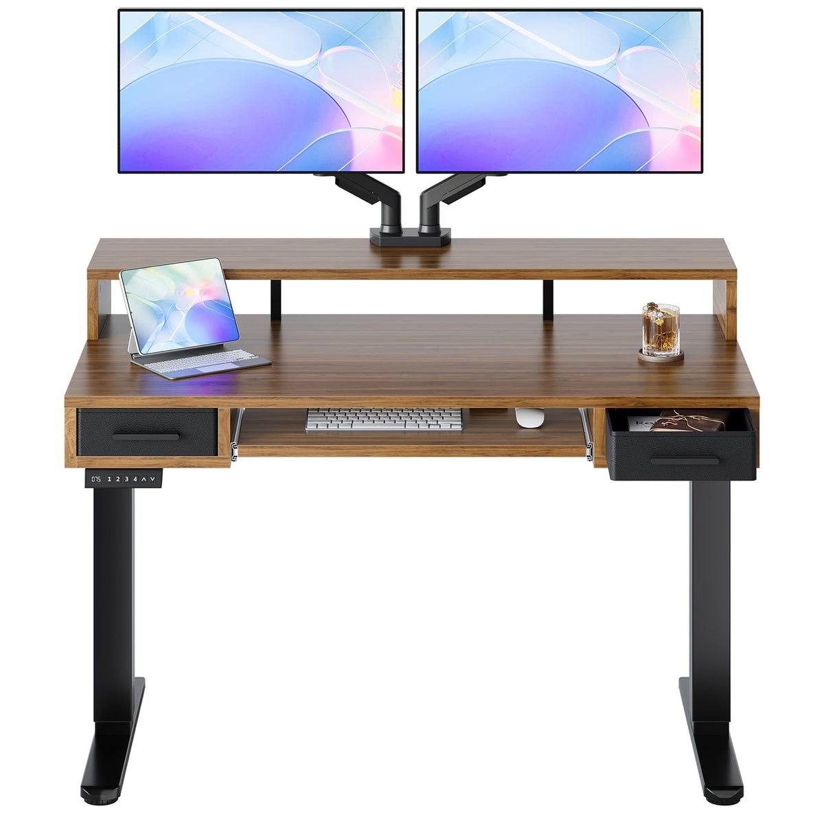 HUANUO 55″ x 26″ Electric Standing Desk with 2 Drawers &24.4″ Large Keyboard Tray, C-Clamp Mount Compatible, Adjustable Computer Desk for Office, Sit Stand Up Desk with 4 Height Presets, Light Walnut - 48*26 inch