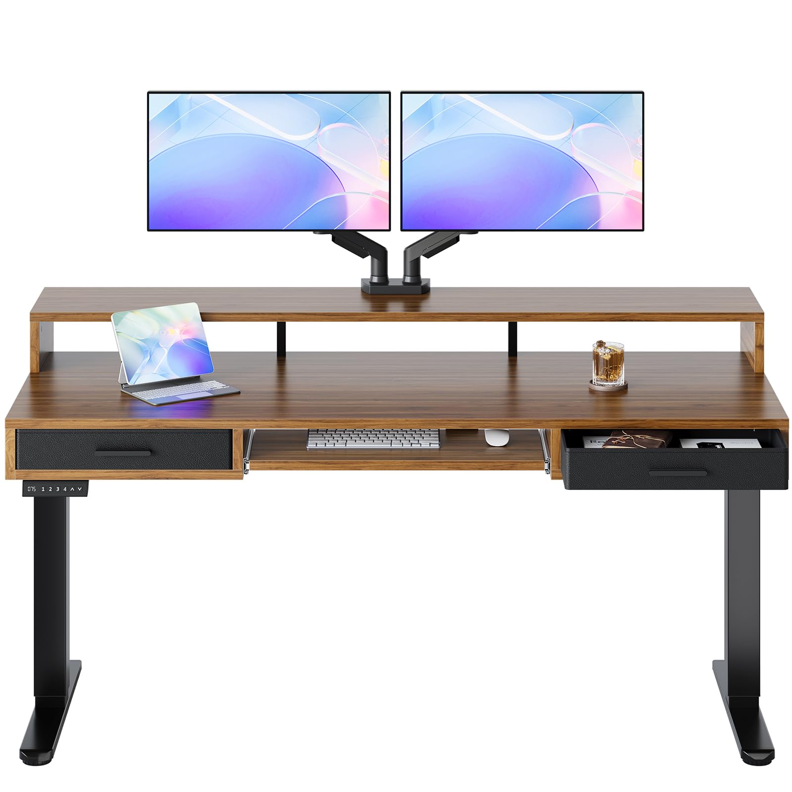 HUANUO 55″ x 26″ Electric Standing Desk with 2 Drawers &24.4″ Large Keyboard Tray, C-Clamp Mount Compatible, Adjustable Computer Desk for Office, Sit Stand Up Desk with 4 Height Presets, Light Walnut - 63*26 inch