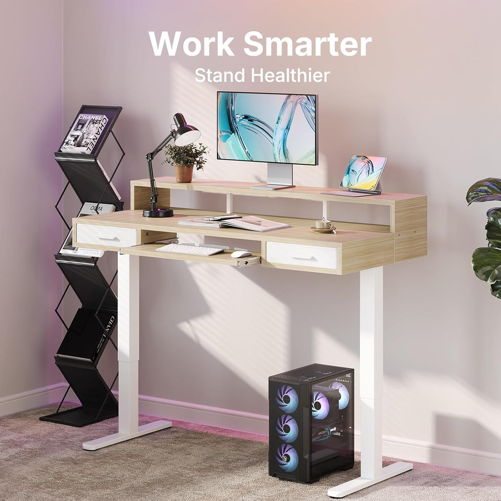 HUANUO 55″ x 26″ Electric Standing Desk with 2 Drawers &24.4″ Large Keyboard Tray, C-Clamp Mount Compatible, Adjustable Computer Desk for Office, Sit Stand Up Desk with 4 Height Presets, Light Walnut - 48*26 inch