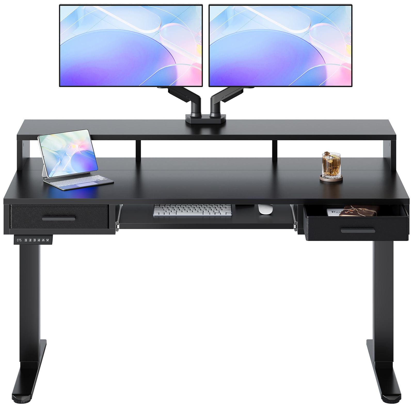 HUANUO 55″ x 26″ Electric Standing Desk with 2 Drawers &24.4″ Large Keyboard Tray, C-Clamp Mount Compatible, Adjustable Computer Desk for Office, Sit Stand Up Desk with 4 Height Presets, Light Walnut - 55*26 inch