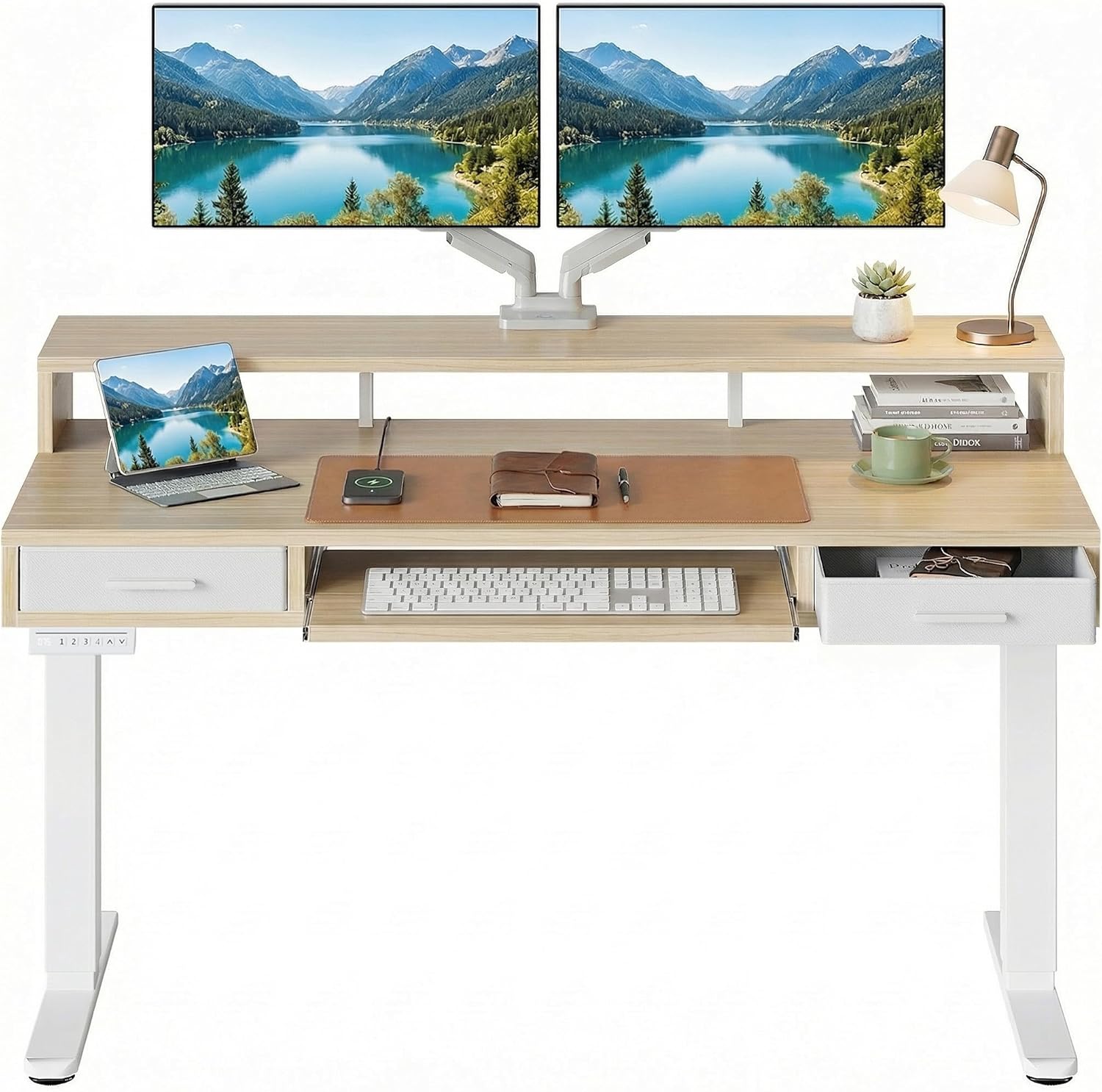 HUANUO 55″ x 26″ Electric Standing Desk with 2 Drawers &24.4″ Large Keyboard Tray, C-Clamp Mount Compatible, Adjustable Computer Desk for Office, Sit Stand Up Desk with 4 Height Presets, Light Walnut - 48*26 inch