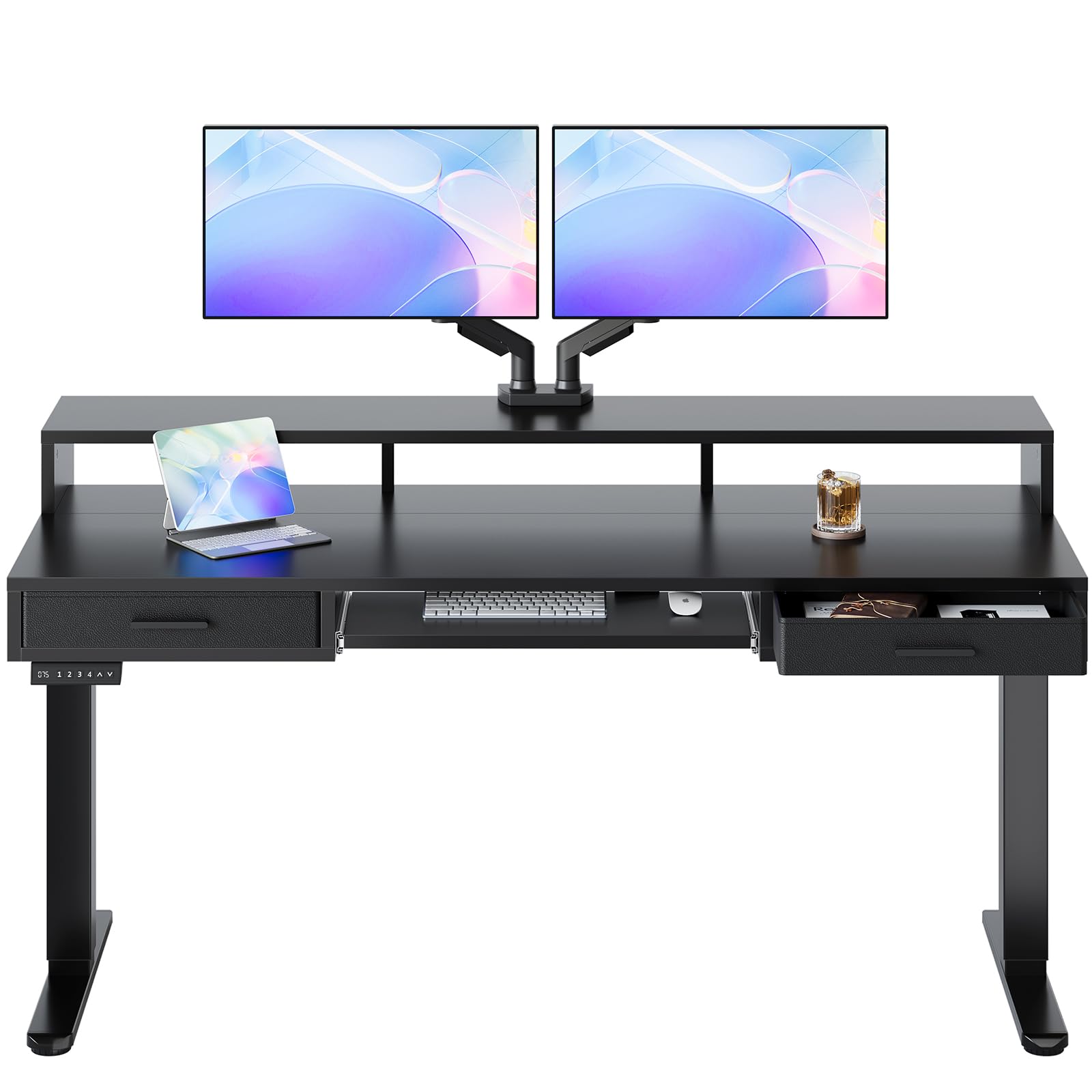 HUANUO 55″ x 26″ Electric Standing Desk with 2 Drawers &24.4″ Large Keyboard Tray, C-Clamp Mount Compatible, Adjustable Computer Desk for Office, Sit Stand Up Desk with 4 Height Presets, Light Walnut - 63*26 inch