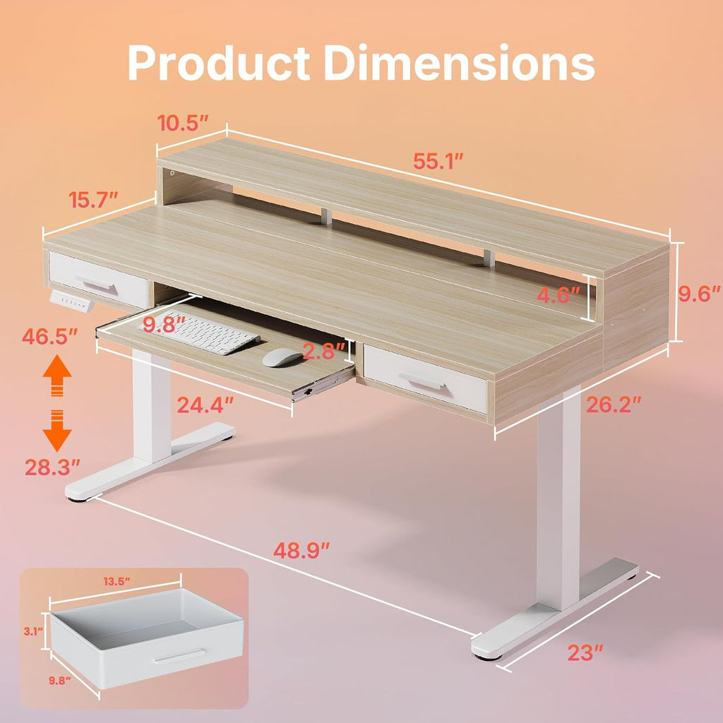 HUANUO 55″ x 26″ Electric Standing Desk with 2 Drawers &24.4″ Large Keyboard Tray, C-Clamp Mount Compatible, Adjustable Computer Desk for Office, Sit Stand Up Desk with 4 Height Presets, Light Walnut - 48*26 inch