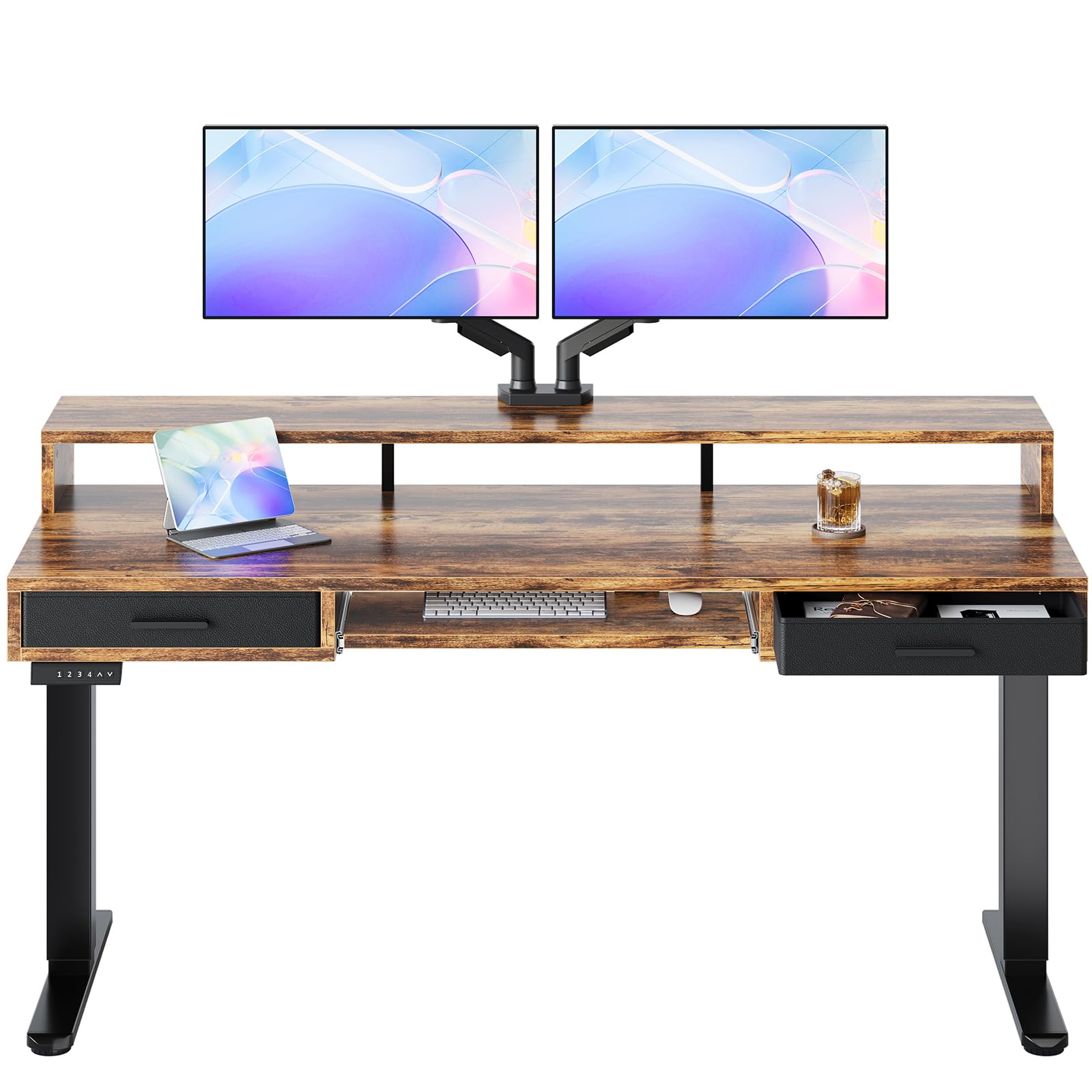 HUANUO 55″ x 26″ Electric Standing Desk with 2 Drawers &24.4″ Large Keyboard Tray, C-Clamp Mount Compatible, Adjustable Computer Desk for Office, Sit Stand Up Desk with 4 Height Presets, Light Walnut - 63*26 inch