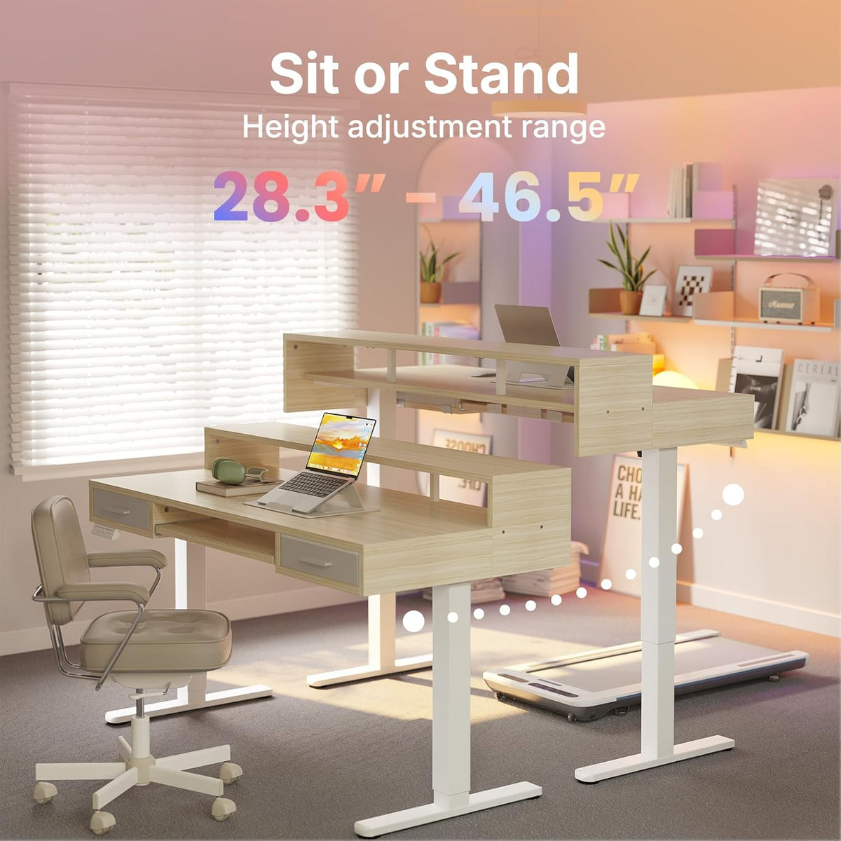 HUANUO 55″ x 26″ Electric Standing Desk with 2 Drawers &24.4″ Large Keyboard Tray, C-Clamp Mount Compatible, Adjustable Computer Desk for Office, Sit Stand Up Desk with 4 Height Presets, Light Walnut - 48*26 inch
