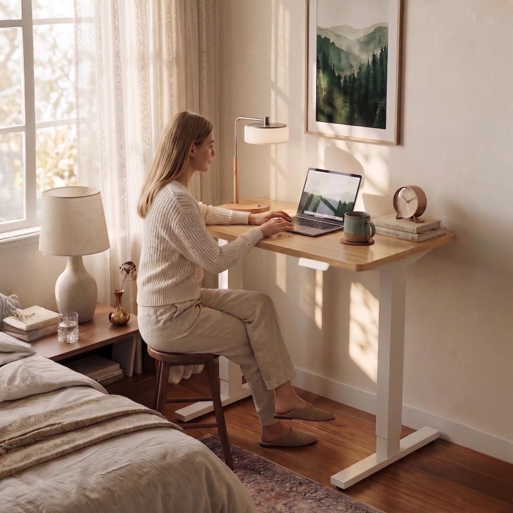 HUANUO 55 x 28 inch Electric Standing Desk Adjustable Height, 4 Memory Height Settings, Sit Stand Up Desk for Home Office & Computer Workstation, Light Walnut - 40" X 24"