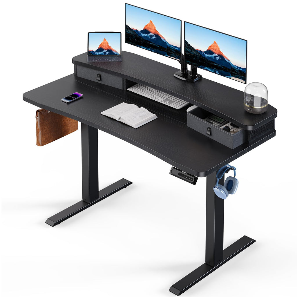 HUANUO 60″ x 30″ Electric Standing Desk with 2 Drawers, C - Clamp Mount Compatible, Height Adjustable Computer Desk, Home Office Stand Up Desk with 4 Preset Heights & 2 Hooks, Light Vintage - 