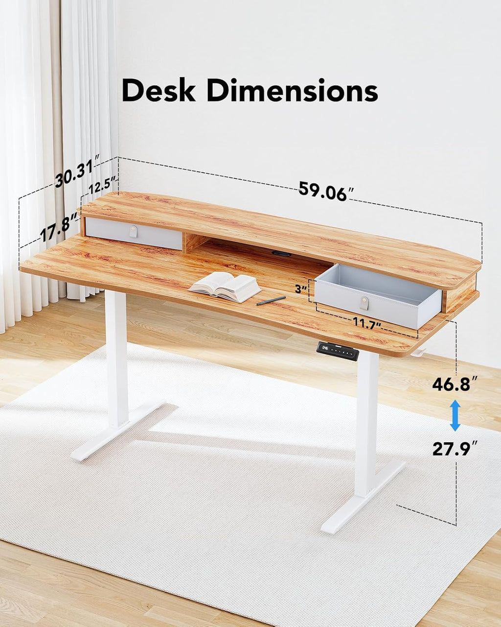 HUANUO 60″ x 30″ Electric Standing Desk with 2 Drawers, C - Clamp Mount Compatible, Height Adjustable Computer Desk, Home Office Stand Up Desk with 4 Preset Heights & 2 Hooks, Light Vintage - 