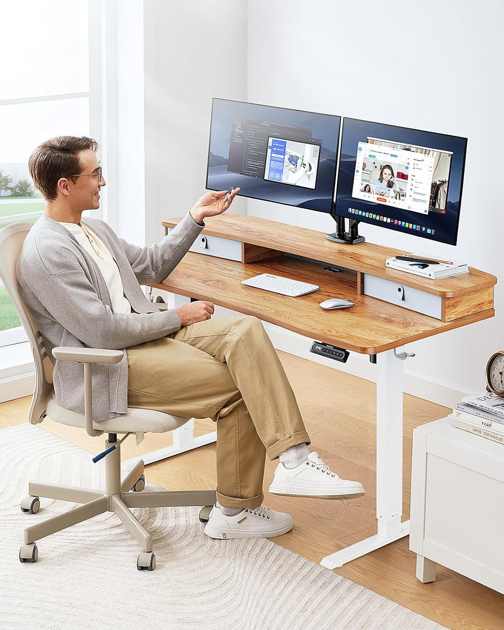 HUANUO 60″ x 30″ Electric Standing Desk with 2 Drawers, C - Clamp Mount Compatible, Height Adjustable Computer Desk, Home Office Stand Up Desk with 4 Preset Heights & 2 Hooks, Light Vintage - 