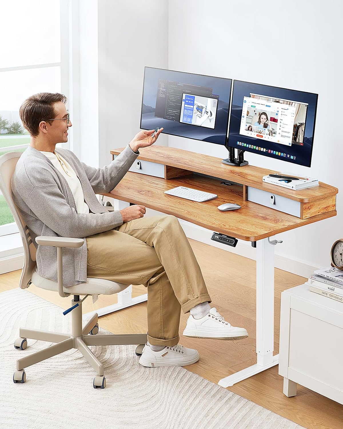 HUANUO 60″ x 30″ Electric Standing Desk with 2 Drawers, C - Clamp Mount Compatible, Height Adjustable Computer Desk, Home Office Stand Up Desk with 4 Preset Heights & 2 Hooks, Light Vintage - 