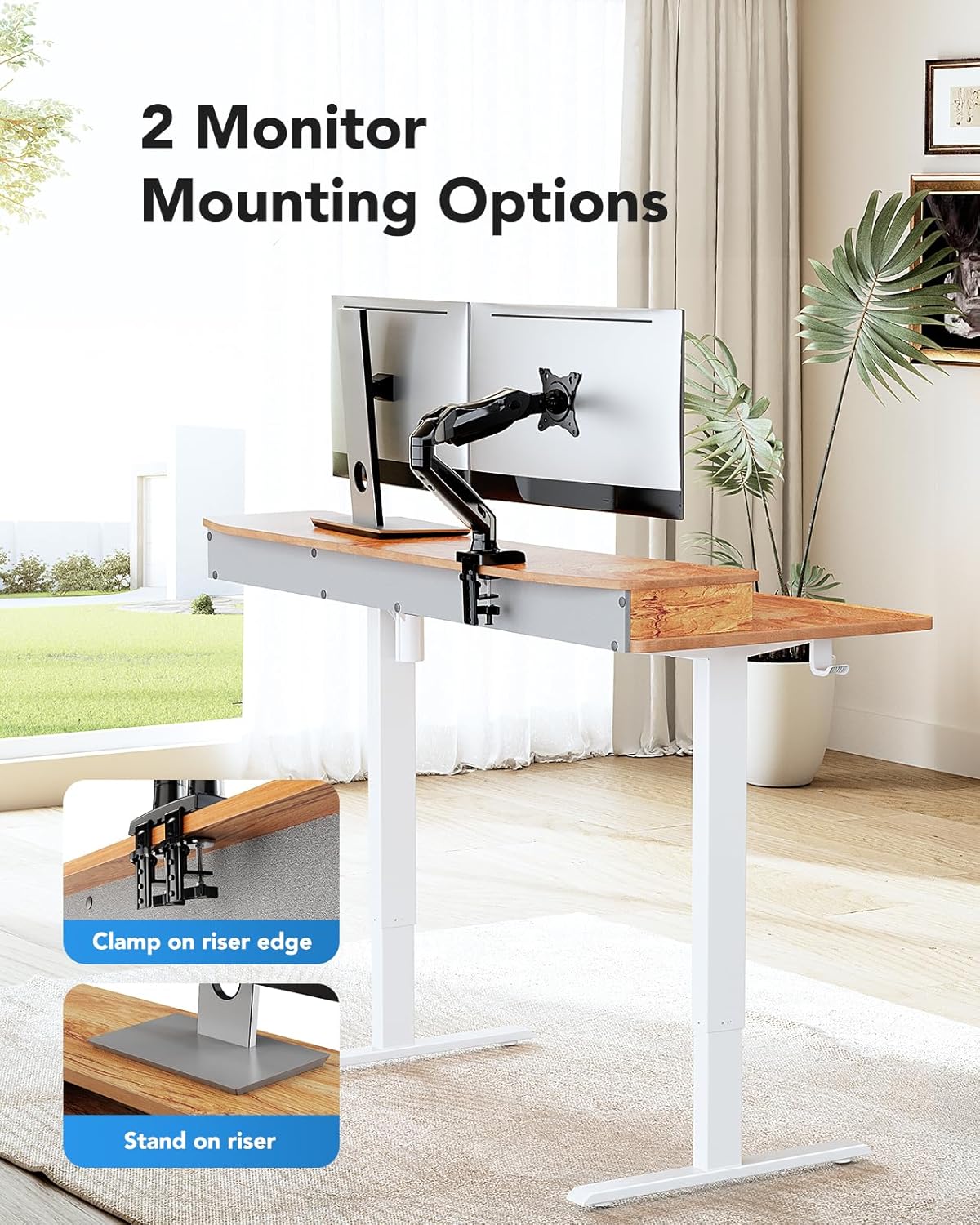 HUANUO 60″ x 30″ Electric Standing Desk with 2 Drawers, C - Clamp Mount Compatible, Height Adjustable Computer Desk, Home Office Stand Up Desk with 4 Preset Heights & 2 Hooks, Light Vintage - 
