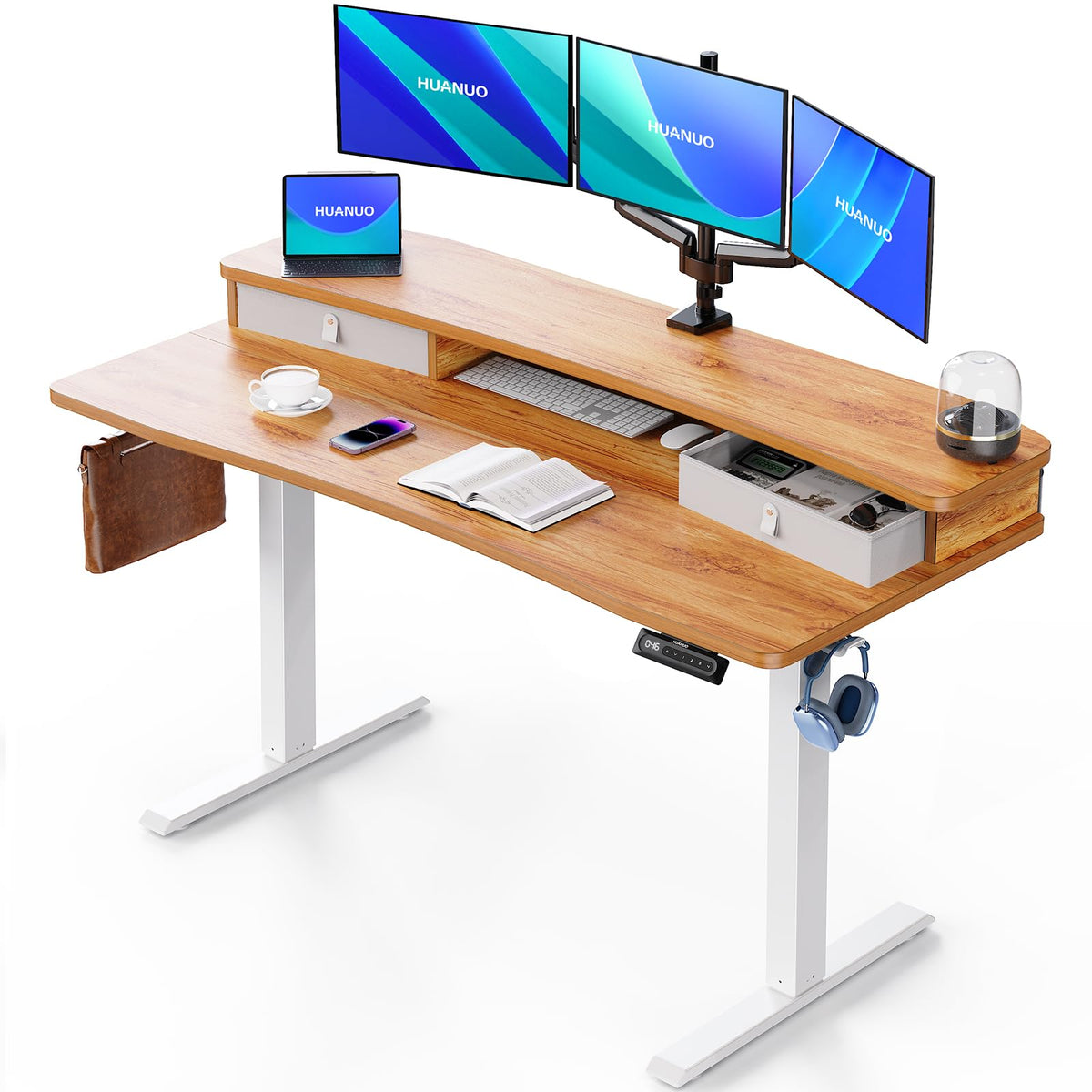HUANUO 60″ x 30″ Electric Standing Desk with 2 Drawers, C - Clamp Mount Compatible, Height Adjustable Computer Desk, Home Office Stand Up Desk with 4 Preset Heights & 2 Hooks, Light Vintage - 