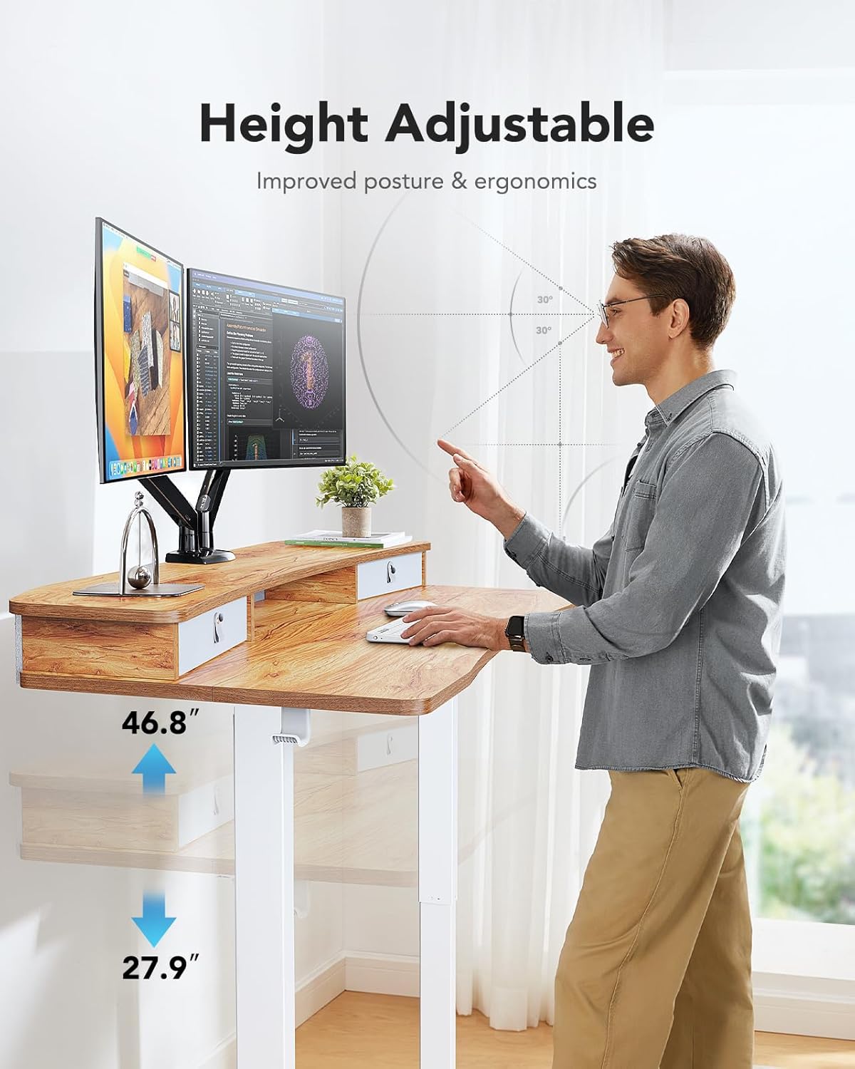 HUANUO 60″ x 30″ Electric Standing Desk with 2 Drawers, C - Clamp Mount Compatible, Height Adjustable Computer Desk, Home Office Stand Up Desk with 4 Preset Heights & 2 Hooks, Light Vintage - 