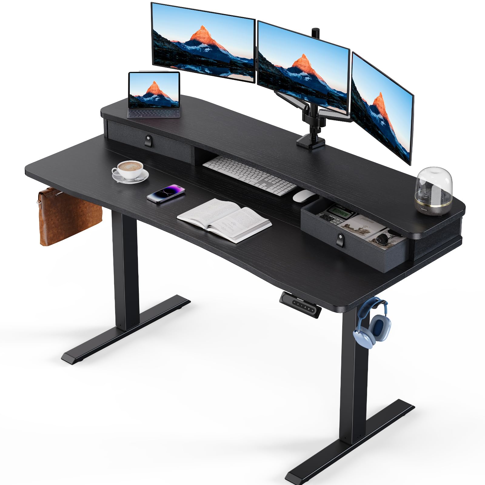 HUANUO 60″ x 30″ Electric Standing Desk with 2 Drawers, C - Clamp Mount Compatible, Height Adjustable Computer Desk, Home Office Stand Up Desk with 4 Preset Heights & 2 Hooks, Light Vintage - 