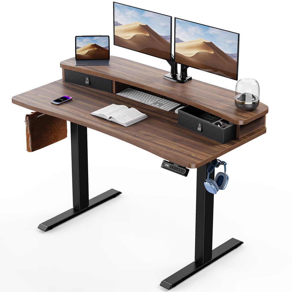 HUANUO 60″ x 30″ Electric Standing Desk with 2 Drawers, C - Clamp Mount Compatible, Height Adjustable Computer Desk, Home Office Stand Up Desk with 4 Preset Heights & 2 Hooks, Light Vintage - 