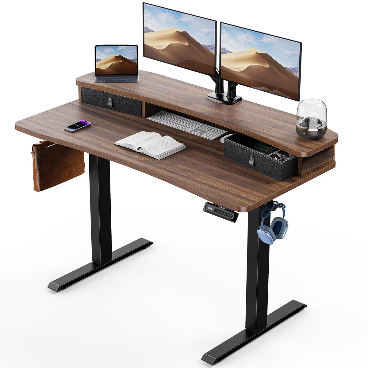 HUANUO 60″ x 30″ Electric Standing Desk with 2 Drawers, C - Clamp Mount Compatible, Height Adjustable Computer Desk, Home Office Stand Up Desk with 4 Preset Heights & 2 Hooks, Light Vintage - 